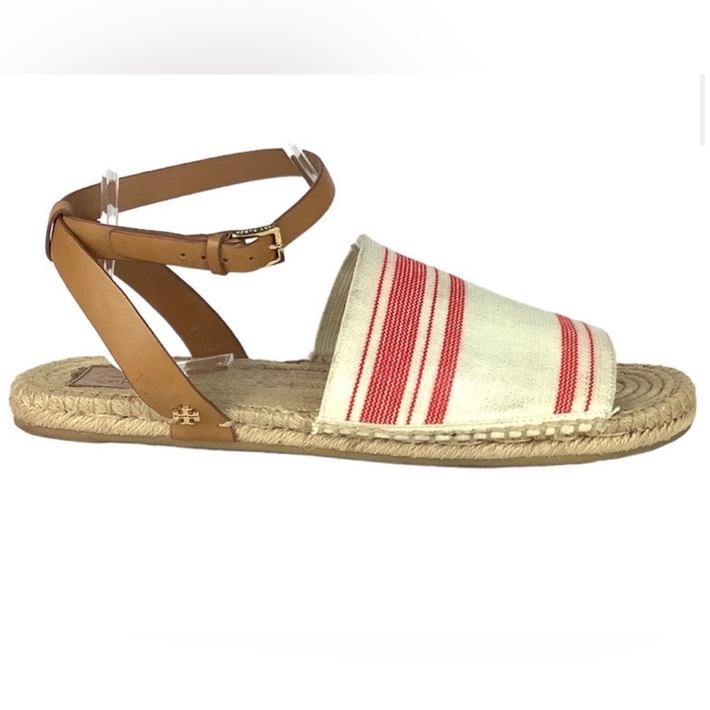 Tory Burch Red and Cream Striped Canvas Sandals